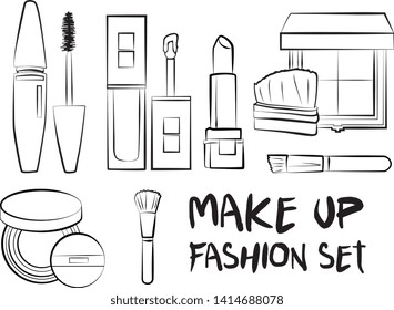 Hand drawn cosmetics set. Make up, mascara, lipstick, eye shadows, brush, powder, lip gloss, perfume - Fashion illustration vector. Beauty Make up Fashion Girl Day Doodle Icons Hand Made