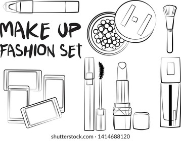 Hand drawn cosmetics set. Make up, mascara, lipstick, eye shadows, brush, powder, lip gloss, perfume - Fashion illustration vector. Beauty Make up Fashion Girl Day Doodle Icons Hand Made