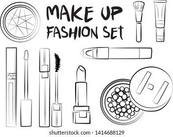 Hand drawn cosmetics set. Make up, mascara, lipstick, eye shadows, brush, powder, lip gloss, perfume - Fashion illustration vector. Beauty Make up Fashion Girl Day Doodle Icons Hand Made