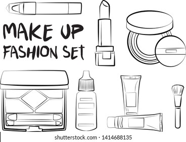 Hand drawn cosmetics set. Make up, mascara, lipstick, eye shadows, brush, powder, lip gloss, perfume - Fashion illustration vector. Beauty Make up Fashion Girl Day Doodle Icons Hand Made
