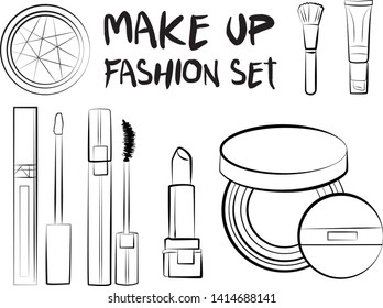 Hand drawn cosmetics set. Make up, mascara, lipstick, eye shadows, brush, powder, lip gloss, perfume - Fashion illustration vector. Beauty Make up Fashion Girl Day Doodle Icons Hand Made