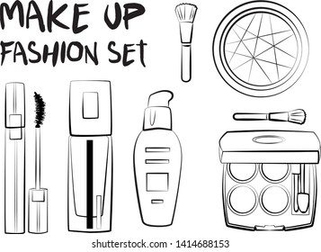 Hand drawn cosmetics set. Make up, mascara, lipstick, eye shadows, brush, powder, lip gloss, perfume - Fashion illustration vector. Beauty Make up Fashion Girl Day Doodle Icons Hand Made