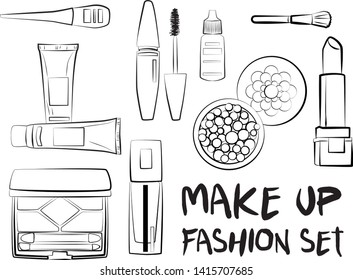 Hand drawn cosmetics set. Make up, mascara, lipstick, eye shadows, brush, powder, lip gloss, perfume - Fashion illustration vector. Beauty Make up Fashion Girl Day Doodle Icons Hand Made