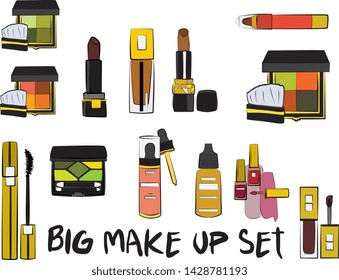 Hand drawn cosmetics set. Make up, mascara, lipstick, eye shadows, brush, powder, lip gloss, perfume - Fashion illustration vector. Beauty Make up Fashion Girl Day Doodle Icons Hand Made
