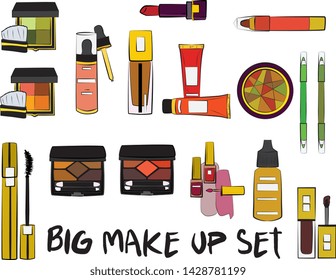 Hand drawn cosmetics set. Make up, mascara, lipstick, eye shadows, brush, powder, lip gloss, perfume - Fashion illustration vector. Beauty Make up Fashion Girl Day Doodle Icons Hand Made
