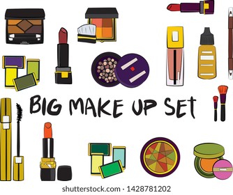 Hand drawn cosmetics set. Make up, mascara, lipstick, eye shadows, brush, powder, lip gloss, perfume - Fashion illustration vector. Beauty Make up Fashion Girl Day Doodle Icons Hand Made
