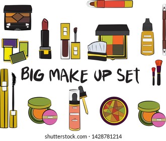 Hand drawn cosmetics set. Make up, mascara, lipstick, eye shadows, brush, powder, lip gloss, perfume - Fashion illustration vector. Beauty Make up Fashion Girl Day Doodle Icons Hand Made
