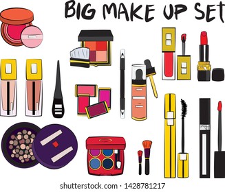 Hand drawn cosmetics set. Make up, mascara, lipstick, eye shadows, brush, powder, lip gloss, perfume - Fashion illustration vector. Beauty Make up Fashion Girl Day Doodle Icons Hand Made
