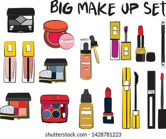 Hand drawn cosmetics set. Make up, mascara, lipstick, eye shadows, brush, powder, lip gloss, perfume - Fashion illustration vector. Beauty Make up Fashion Girl Day Doodle Icons Hand Made
