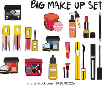 Hand drawn cosmetics set. Make up, mascara, lipstick, eye shadows, brush, powder, lip gloss, perfume - Fashion illustration vector. Beauty Make up Fashion Girl Day Doodle Icons Hand Made
