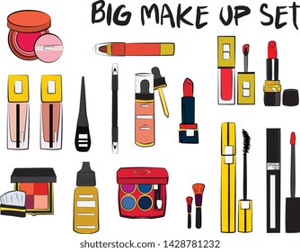 Hand drawn cosmetics set. Make up, mascara, lipstick, eye shadows, brush, powder, lip gloss, perfume - Fashion illustration vector. Beauty Make up Fashion Girl Day Doodle Icons Hand Made
