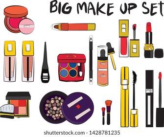 Hand drawn cosmetics set. Make up, mascara, lipstick, eye shadows, brush, powder, lip gloss, perfume - Fashion illustration vector. Beauty Make up Fashion Girl Day Doodle Icons Hand Made
