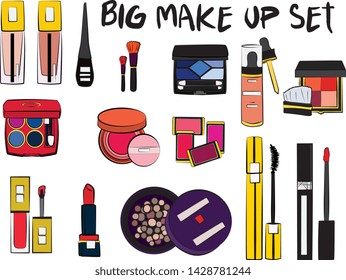 Hand drawn cosmetics set. Make up, mascara, lipstick, eye shadows, brush, powder, lip gloss, perfume - Fashion illustration vector. Beauty Make up Fashion Girl Day Doodle Icons Hand Made
