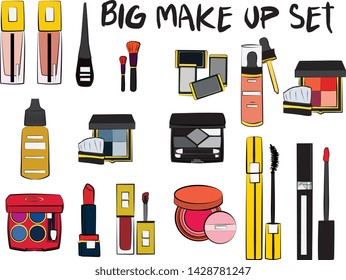 Hand drawn cosmetics set. Make up, mascara, lipstick, eye shadows, brush, powder, lip gloss, perfume - Fashion illustration vector. Beauty Make up Fashion Girl Day Doodle Icons Hand Made
