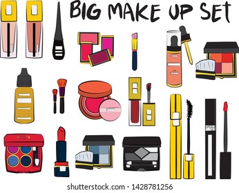 Hand drawn cosmetics set. Make up, mascara, lipstick, eye shadows, brush, powder, lip gloss, perfume - Fashion illustration vector. Beauty Make up Fashion Girl Day Doodle Icons Hand Made
