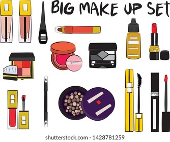 Hand drawn cosmetics set. Make up, mascara, lipstick, eye shadows, brush, powder, lip gloss, perfume - Fashion illustration vector. Beauty Make up Fashion Girl Day Doodle Icons Hand Made
