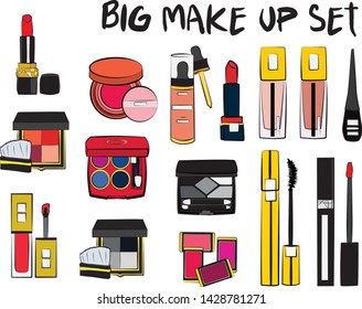 Hand drawn cosmetics set. Make up, mascara, lipstick, eye shadows, brush, powder, lip gloss, perfume - Fashion illustration vector. Beauty Make up Fashion Girl Day Doodle Icons Hand Made
