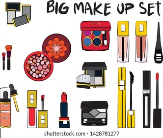 Hand drawn cosmetics set. Make up, mascara, lipstick, eye shadows, brush, powder, lip gloss, perfume - Fashion illustration vector. Beauty Make up Fashion Girl Day Doodle Icons Hand Made
