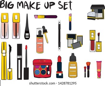 Hand drawn cosmetics set. Make up, mascara, lipstick, eye shadows, brush, powder, lip gloss, perfume - Fashion illustration vector. Beauty Make up Fashion Girl Day Doodle Icons Hand Made
