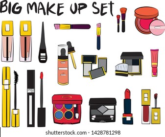 Hand drawn cosmetics set. Make up, mascara, lipstick, eye shadows, brush, powder, lip gloss, perfume - Fashion illustration vector. Beauty Make up Fashion Girl Day Doodle Icons Hand Made
