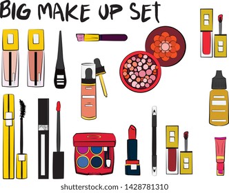 Hand drawn cosmetics set. Make up, mascara, lipstick, eye shadows, brush, powder, lip gloss, perfume - Fashion illustration vector. Beauty Make up Fashion Girl Day Doodle Icons Hand Made

