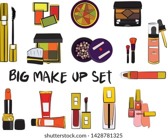Hand drawn cosmetics set. Make up, mascara, lipstick, eye shadows, brush, powder, lip gloss, perfume - Fashion illustration vector. Beauty Make up Fashion Girl Day Doodle Icons Hand Made
