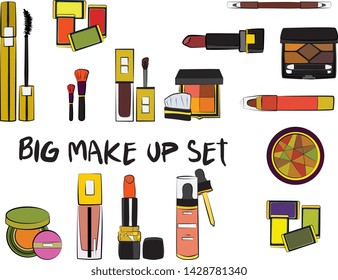 Hand drawn cosmetics set. Make up, mascara, lipstick, eye shadows, brush, powder, lip gloss, perfume - Fashion illustration vector. Beauty Make up Fashion Girl Day Doodle Icons Hand Made
