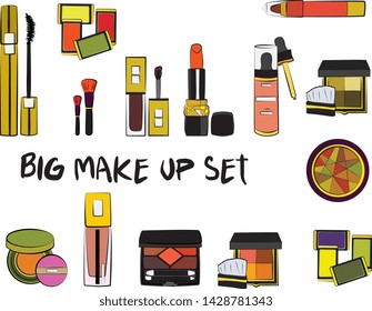 Hand drawn cosmetics set. Make up, mascara, lipstick, eye shadows, brush, powder, lip gloss, perfume - Fashion illustration vector. Beauty Make up Fashion Girl Day Doodle Icons Hand Made
