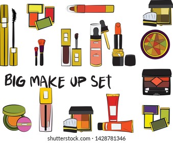 Hand drawn cosmetics set. Make up, mascara, lipstick, eye shadows, brush, powder, lip gloss, perfume - Fashion illustration vector. Beauty Make up Fashion Girl Day Doodle Icons Hand Made
