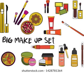 Hand drawn cosmetics set. Make up, mascara, lipstick, eye shadows, brush, powder, lip gloss, perfume - Fashion illustration vector. Beauty Make up Fashion Girl Day Doodle Icons Hand Made
