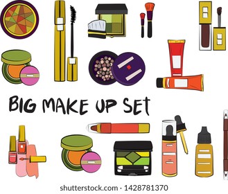 Hand drawn cosmetics set. Make up, mascara, lipstick, eye shadows, brush, powder, lip gloss, perfume - Fashion illustration vector. Beauty Make up Fashion Girl Day Doodle Icons Hand Made
