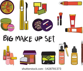 Hand drawn cosmetics set. Make up, mascara, lipstick, eye shadows, brush, powder, lip gloss, perfume - Fashion illustration vector. Beauty Make up Fashion Girl Day Doodle Icons Hand Made
