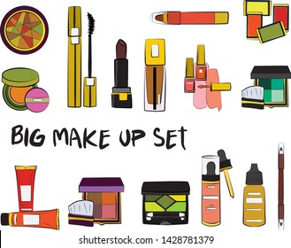 Hand drawn cosmetics set. Make up, mascara, lipstick, eye shadows, brush, powder, lip gloss, perfume - Fashion illustration vector. Beauty Make up Fashion Girl Day Doodle Icons Hand Made
