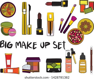 Hand drawn cosmetics set. Make up, mascara, lipstick, eye shadows, brush, powder, lip gloss, perfume - Fashion illustration vector. Beauty Make up Fashion Girl Day Doodle Icons Hand Made
