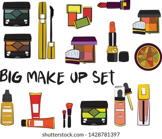 Hand drawn cosmetics set. Make up, mascara, lipstick, eye shadows, brush, powder, lip gloss, perfume - Fashion illustration vector. Beauty Make up Fashion Girl Day Doodle Icons Hand Made
