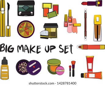 Hand drawn cosmetics set. Make up, mascara, lipstick, eye shadows, brush, powder, lip gloss, perfume - Fashion illustration vector. Beauty Make up Fashion Girl Day Doodle Icons Hand Made

