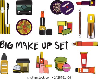 Hand drawn cosmetics set. Make up, mascara, lipstick, eye shadows, brush, powder, lip gloss, perfume - Fashion illustration vector. Beauty Make up Fashion Girl Day Doodle Icons Hand Made
