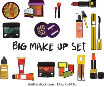 Hand drawn cosmetics set. Make up, mascara, lipstick, eye shadows, brush, powder, lip gloss, perfume - Fashion illustration vector. Beauty Make up Fashion Girl Day Doodle Icons Hand Made
