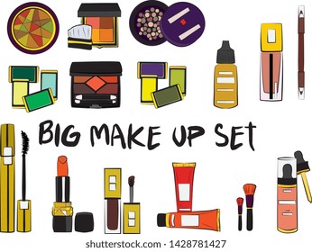 Hand drawn cosmetics set. Make up, mascara, lipstick, eye shadows, brush, powder, lip gloss, perfume - Fashion illustration vector. Beauty Make up Fashion Girl Day Doodle Icons Hand Made
