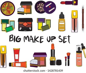 Hand drawn cosmetics set. Make up, mascara, lipstick, eye shadows, brush, powder, lip gloss, perfume - Fashion illustration vector. Beauty Make up Fashion Girl Day Doodle Icons Hand Made
