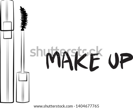 
Hand drawn cosmetics set. Make up, mascara, lipstick, eye shadows, brush, powder, lip gloss, perfume - Fashion illustration vector
