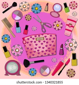 Hand drawn cosmetics set. Nail polish, mascara, lipstick, eye shadows, brush, powder, lip gloss, cosmetic bag, pocket mirror, comb etc. Styling professional beauty. Vector