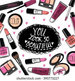 Hand drawn cosmetics set. Nail polish, mascara, lipstick, eye shadows, brush, powder,  lip gloss, handwritten lettering, pink hearts