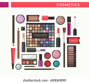 Hand drawn cosmetics set. Nail polish,lipstick, eye shadows, brush
