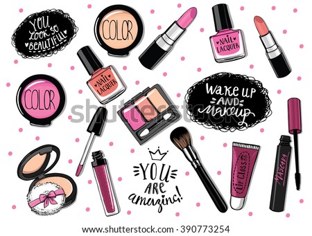 Hand drawn cosmetics set. Nail polish, mascara, lipstick, eye shadows, brush, powder,  lip gloss, handwritten lettering