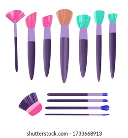 Hand drawn cosmetics set. Professional makeup concealer powder blush eyeshadow brow brushes. Modern vector illustration in flat style isolated on white background.