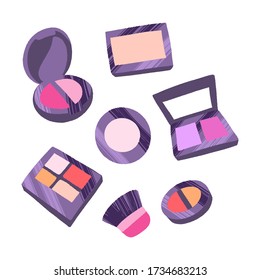 Hand drawn cosmetics set. Professional makeup powder, blush, eyeshadow and brushes. Modern vector illustration in flat style isolated on white background.