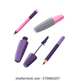 Hand drawn cosmetics set. Professional makeup mascara, eyes and lips pencils. Modern vector illustration in flat style isolated on white background.