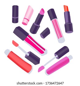 Hand drawn cosmetics set. Professional makeup lipsticks and glosses. Modern vector illustration in flat style isolated on white background.