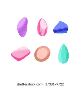 Equipo de cosméticos dibujado a mano. Esponjas de maquillaje profesional y batidoras.  Ilustración vectorial moderna en estilo plano aislada en fondo blanco.